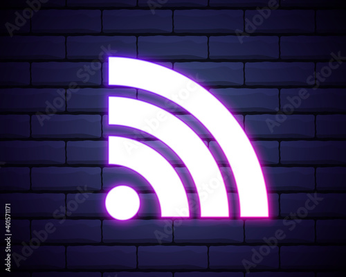 Purple neon wi-fi sign. Vector silhouette of neon wi-fi zone consisting of outlines, with backlight on the dark background