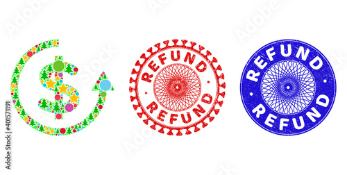 Refund mosaic of New Year symbols, such as stars, fir trees, colored circles, and REFUND rubber seals. Vector REFUND seals uses guilloche ornament, designed in red and blue variations. Stars,