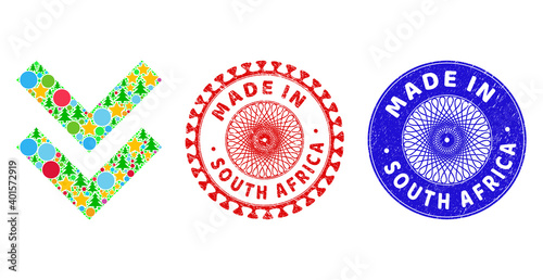 Shift down mosaic of Christmas symbols, such as stars, fir trees, color circles, and MADE IN SOUTH AFRICA textured watermarks. Vector MADE IN SOUTH AFRICA watermarks uses guilloche pattern,