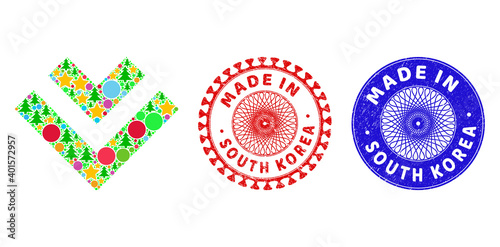 Shift down composition of Christmas symbols, such as stars, fir-trees, multicolored round items, and MADE IN SOUTH KOREA rubber seals. Vector MADE IN SOUTH KOREA imprints uses guilloche pattern,