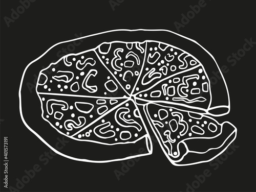 Vector illustration of a cut pizza and a slice of pizza. Chalk drawn illustration with hand drawn lettering in doodle sketch style. Chalkboard and chalk drawing background