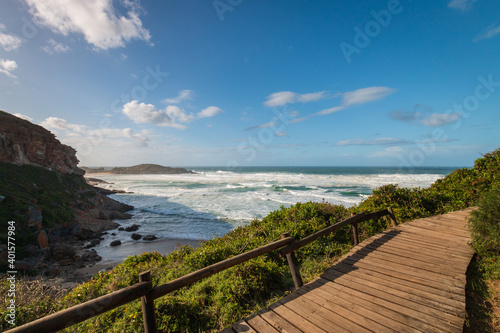 Scenic view of coastline and sea at Robberg Nature Reserve, Plettenberg Bay, South Africa.