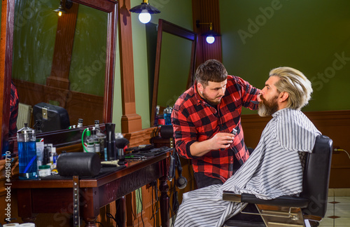 Barbershop services. Know What Haircut You Want. Visit hairdresser. Beauty routine. Maintaining shape. Grow beard and mustache. Man at barbershop. Hairdresser salon. Barbershop client. Trimming beard