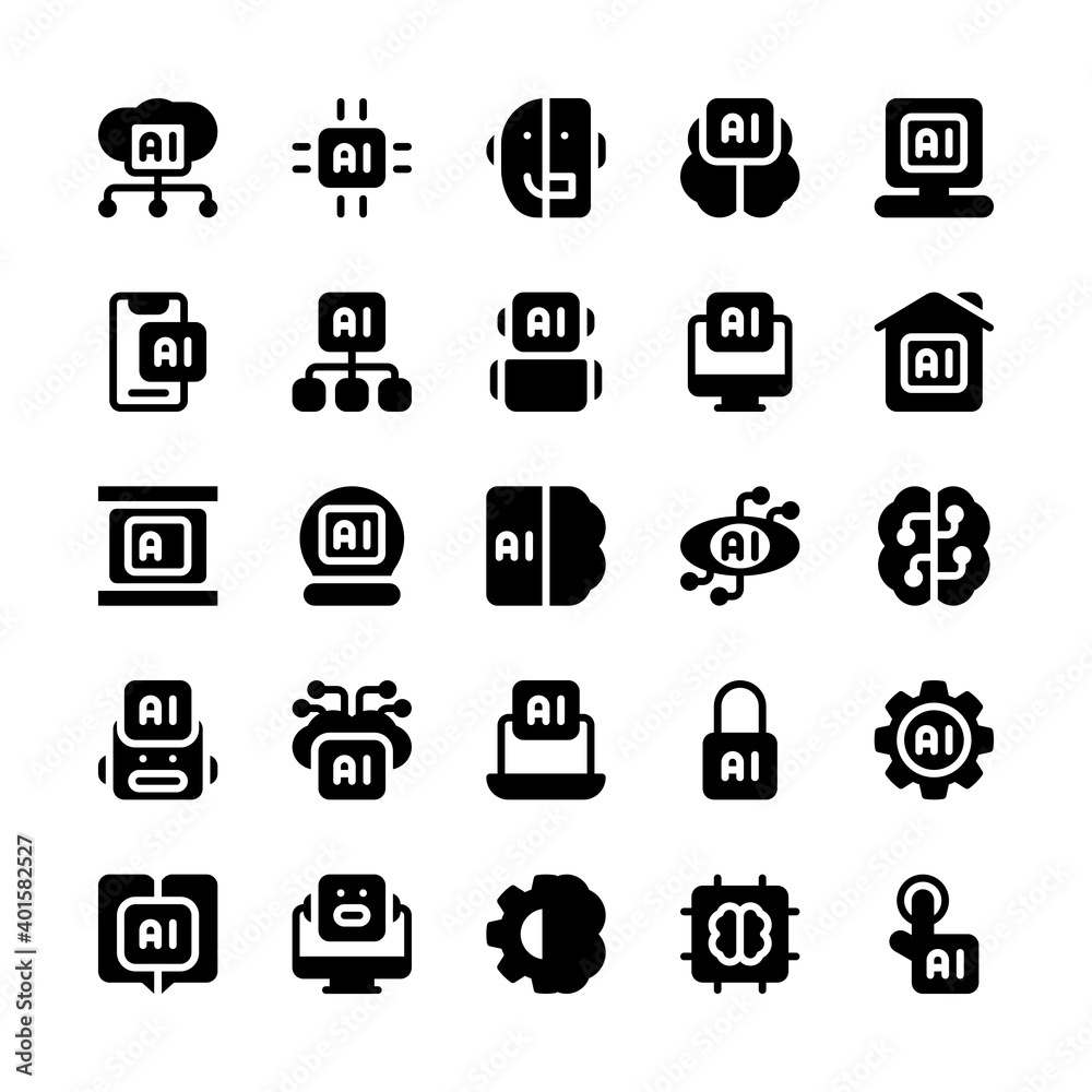 Set of Artificial Intelligence AI Robotic Algorithm solid style icon - vector