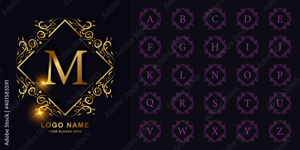 Letter M or collection initial alphabet with luxury ornament floral ...