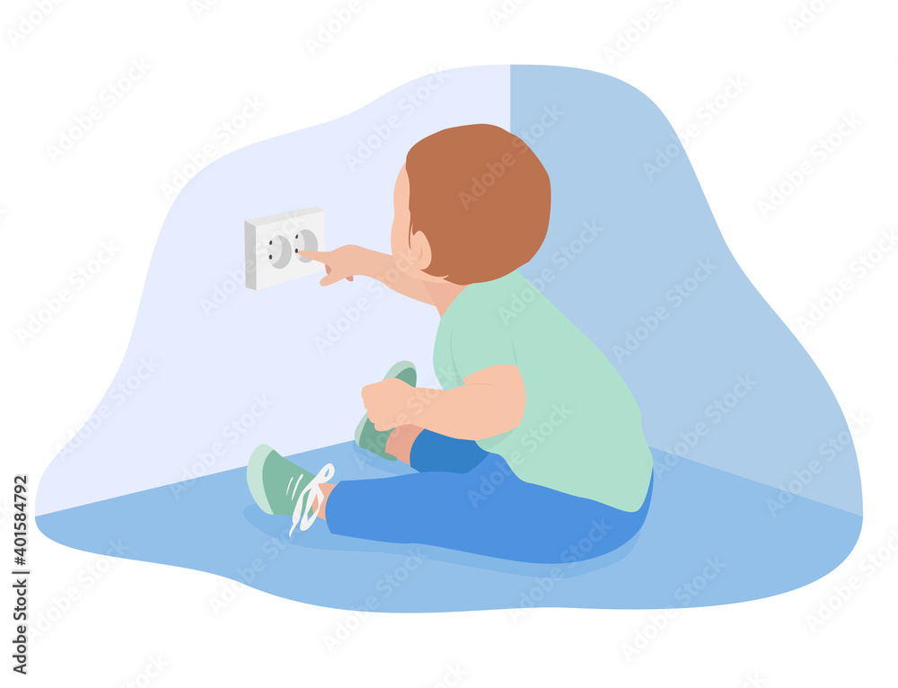 Obraz premium The kid left alone sits on the floor and touches the socket with his fingers. Accident prevention, safety concept