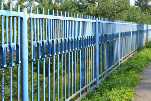 Long metal fence painted blue from the side of the street in summer against a background of green vegetation, perspective.