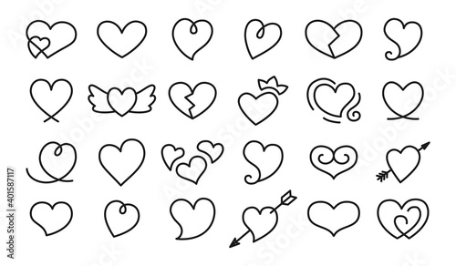Heart outline hand drawn icon. Valentines day doodle hearts outline scribble collection. Sketch shape rough marker isolated on white background. Romantic stickers vector illustration