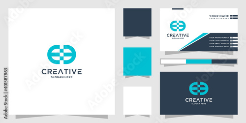 Letter ee logo and business card. creative tech logo