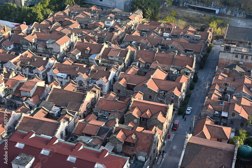 Sunset over Shanghai - a birds eye view of the city in the sunlight photo