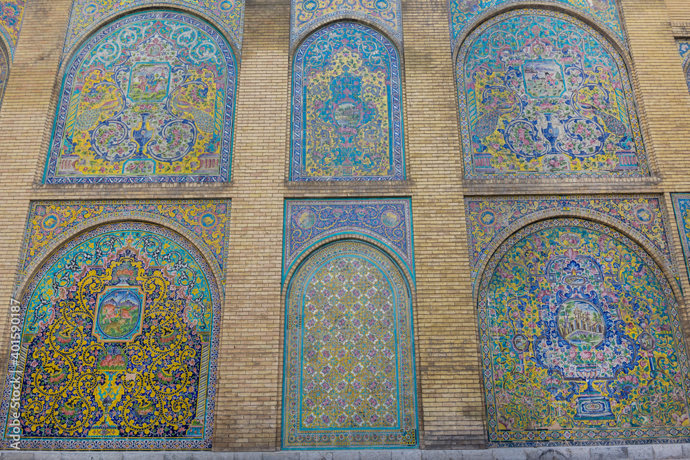 Colorful mosaic ceramic tile wall of the royal Golestan Palace in Tehran, Iran, which is a UNESCO World Heritage site