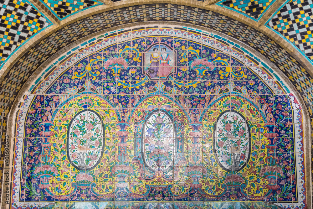  Interior decoration with colorful tiles of Karim Khani Nook (Khalvat e Karim Khani) at Golestan palace complex in Tehran, Iran