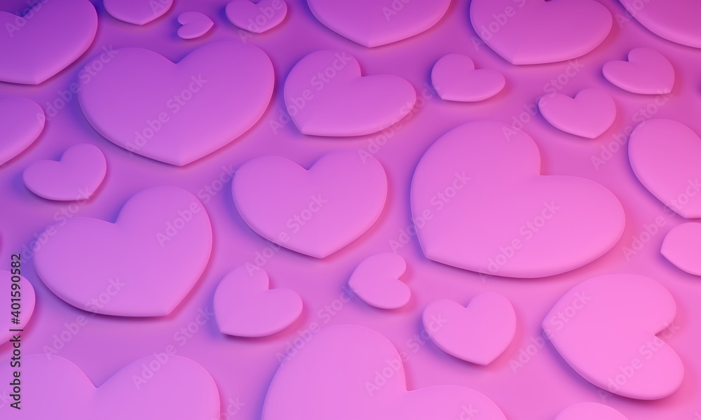3d render. Hearts on the purple surface. Side view.