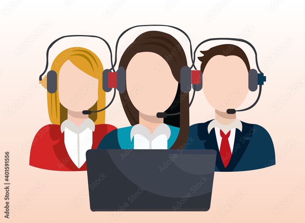 Vector of three operator using headphones doing telemarketing job Vector of three operator using headphones doing telemarketing job