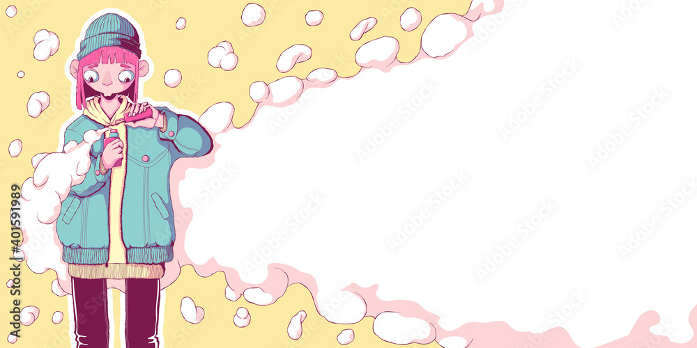 Teenager girl vaper stand and pours liquid into the vape mod . Vaper woman. Alternative to smoking. Quit smoking. Healthy lifestyle. Vector illustration in cartoon style. Horizontal banner with Teenager girl vaper stand and pours liquid into the vape mod . Vaper woman. Alternative to smoking. Quit smoking. Healthy lifestyle. Vector illustration in cartoon style. Horizontal banner with