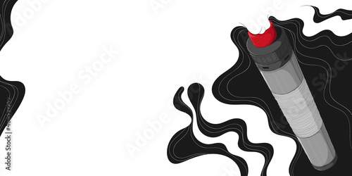 Vape mech mod with rebuildable dripping atomizer  and cloud of vapor. Background with E-cigarette art and place for text. Colorful Vector illustration in cartoons style. Horizontal banner 