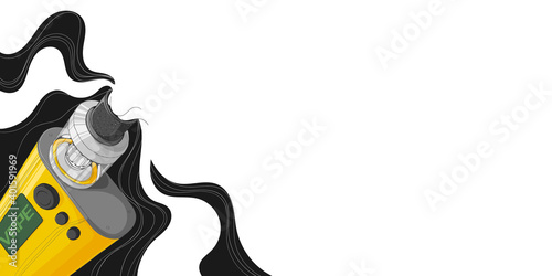 Vape mod with Rebuildable Dripping Tank Atomizer and cloud of vapor. Background with E-cigarette art and place for text. Vector illustration in cartoons style. Horizontal banner