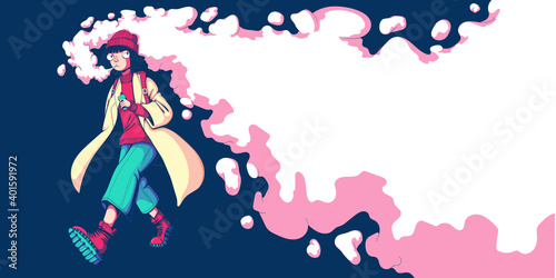 Teenager girl vaper walking and smoke vape. Vaping woman. Alternative to smoking. Quit smoking. Healthy lifestyle. Vector illustration in colorful cartoon style. Horizontal banner with place for text.