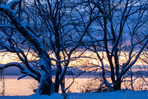 風景素材 琵琶湖の夜明け 冬