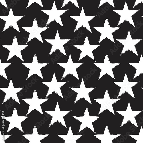 Fototapeta Naklejka Na Ścianę i Meble -  Black and White Stars brush stroke seamless pattern background