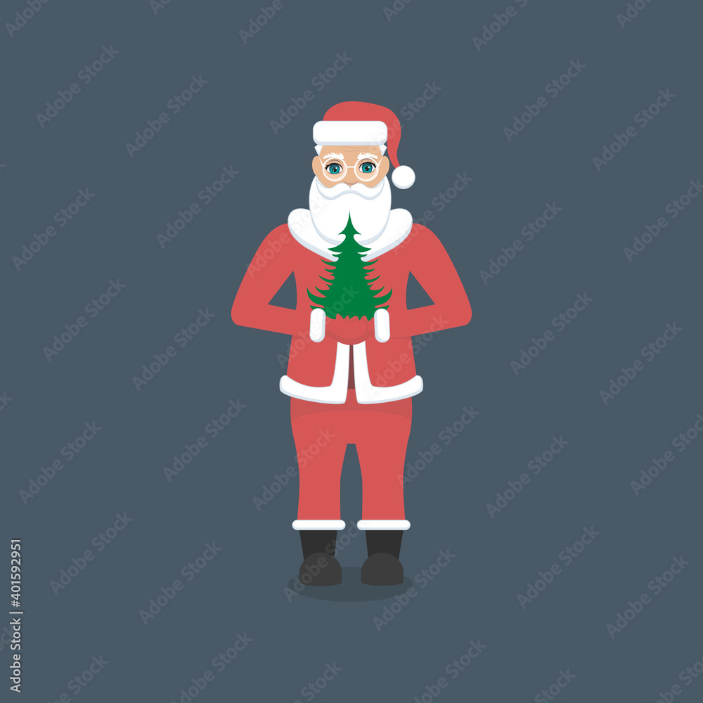Santa Claus with a Christmas tree in his hands on a blue background. Santa Claus with a Christmas tree in his hands on a blue background.
