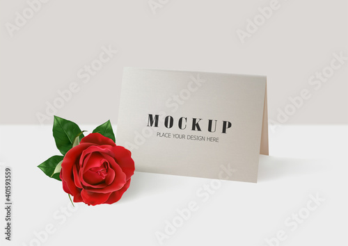 Happy Valentines Day. Greeting card with realistic of red rose, Mock up design for print cards, banner, poster. Vector Eps.10 and illustration.