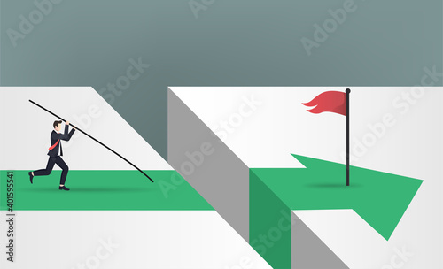 Businessman doing pole vault to jumps over the red flag with green arrow direction concept. Business symbol vector illustration.
