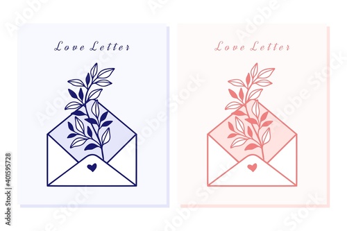 Valentine's day card template set with floral leaf branch, heart, and envelope elements