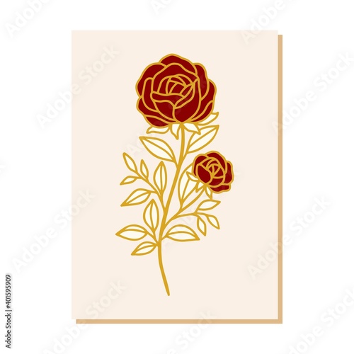 Valentine s day card template with rose flower and leaf branch element