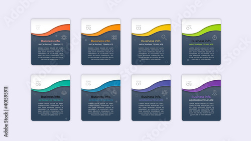 Modern infographics business design with 8 option concepts, parts, steps or processes can be used for workflow layout, diagram, number options, web design. infographic element.