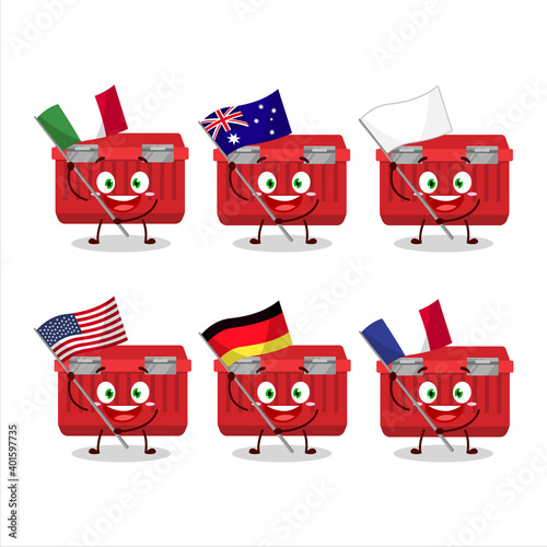 Red toolbox cartoon character bring the flags of various countries