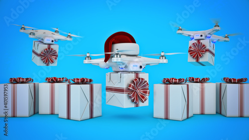 Drones with Santa s hat delivering Christmas gifts. 3d rendering  