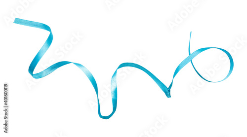 Blue ribbon curl isolated on white background. Blue bright bow and curl from silk ribbon isolated on white background