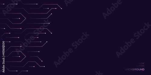 Vector abstract background on the theme of digital technology, future, cyberpunk. Dark violet background with bright violet lines computer elements. Banner template design for web, copyspace.