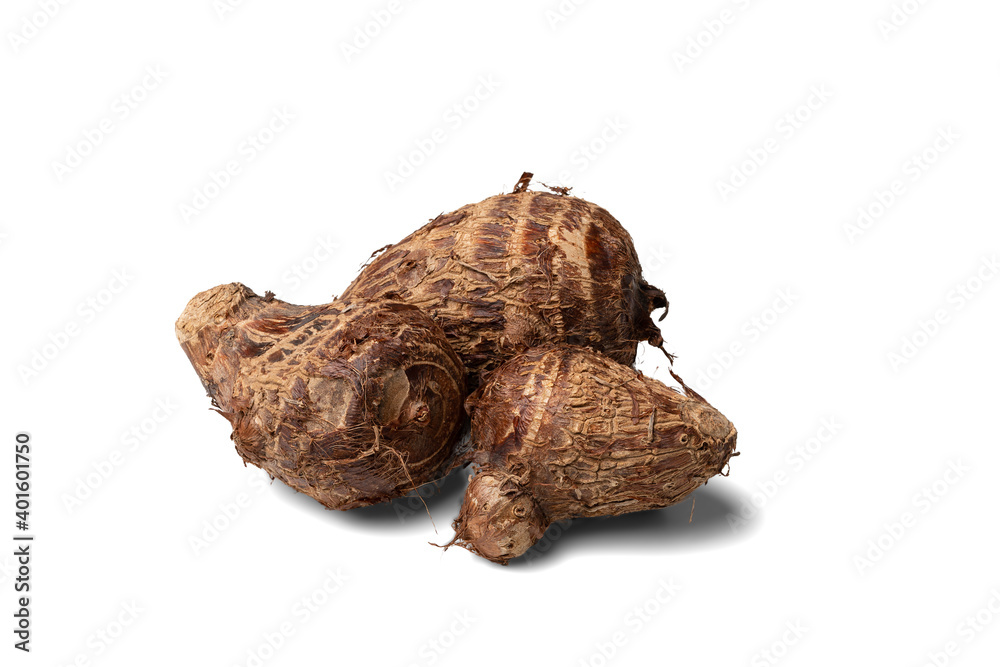 Three fresh raw organic brown taro roots isolated on white background. Close-up and macro. Three fresh raw organic brown taro roots isolated on white background. Close-up and macro.