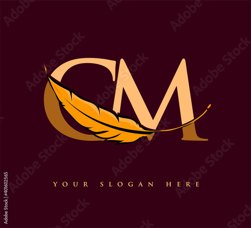 Initial letter CM logo with Feather Company Name, Simple and Clean Design. Vector Logo for Business and Company