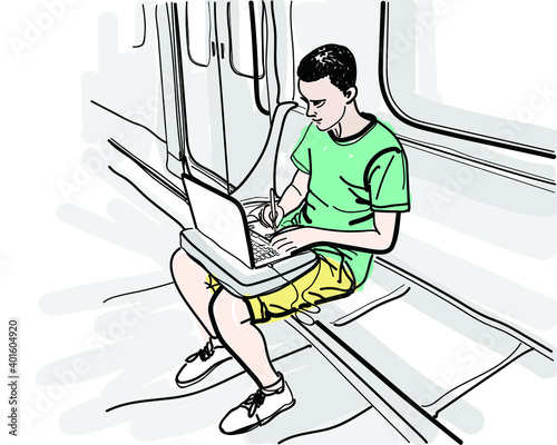 Hand-painted young people playing laptop in the subway