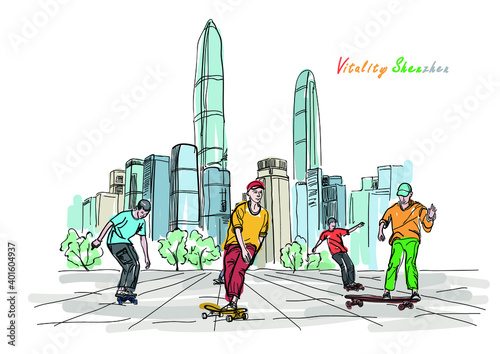 Hand drawn young people skateboarding in Shenzhen, China