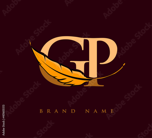 Initial letter GP logo with Feather Company Name, Simple and Clean Design. Vector Logo for Business and Company