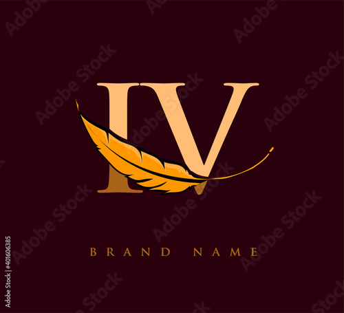 Initial letter IV logo with Feather Company Name, Simple and Clean Design. Vector Logo for Business and Company