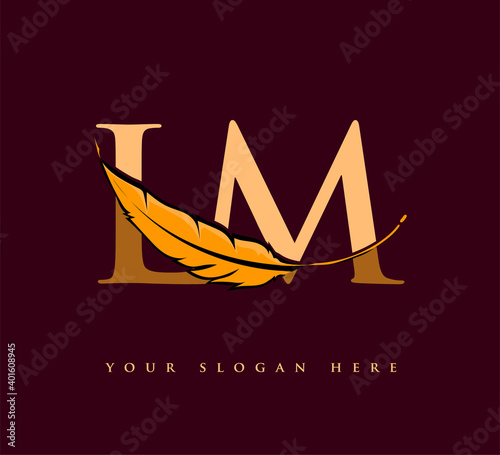 Initial letter LM logo with Feather Company Name, Simple and Clean Design. Vector Logo for Business and Company
