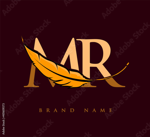 Initial letter MR logo with Feather Company Name, Simple and Clean Design. Vector Logo for Business and Company