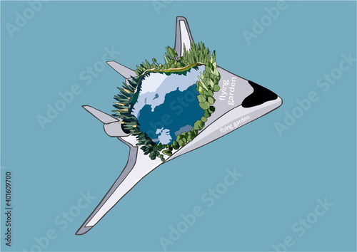 Vector Illustration of Surrealism Flying Garden, Aeroplane