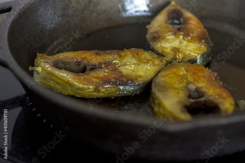 Slices of Tenualosa Ilisha or Hilsha fish on a black wooden background photo