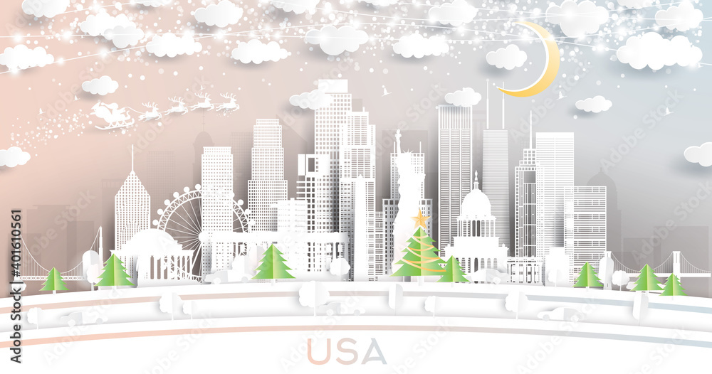 USA City Skyline in Paper Cut Style with Snowflakes, Moon and Neon Garland.