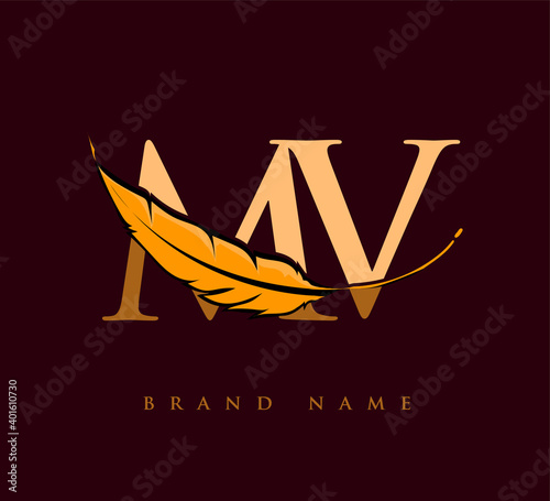 Initial letter MV logo with Feather Company Name, Simple and Clean Design. Vector Logo for Business and Company