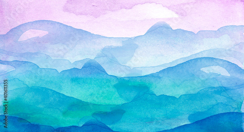 Watercolor landscape. Blue wave on the sea, ocean. Blue mountains in the fog. Beautiful sky. Art banner, background, poster. Abstract splash of watercolor azure paint. Blue sea, Hill, fog mountain