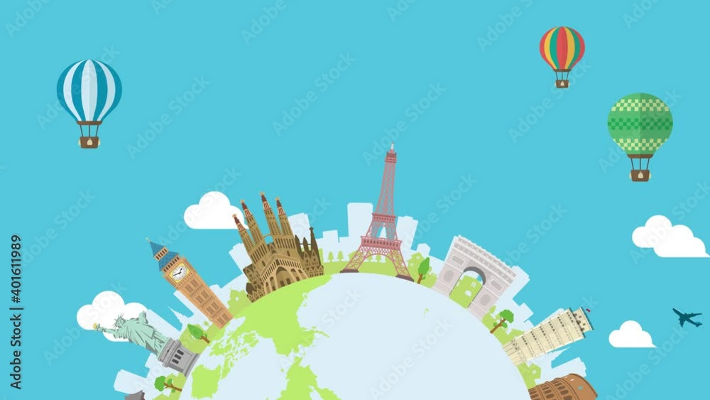 Travel, vacation, sightseeing animation banner (4K) . World heritage and world famous buildings. no text version.
