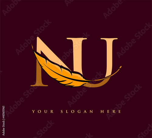 Initial letter NU logo with Feather Company Name, Simple and Clean Design. Vector Logo for Business and Company