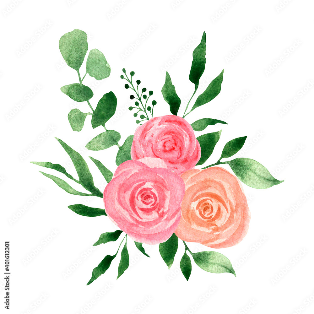 Fototapeta premium Watercolor wreath with pink roses and branches of greenery, wedding foliage, hand-drawn. For textiles, invitations, wedding stationery, sublimation design.